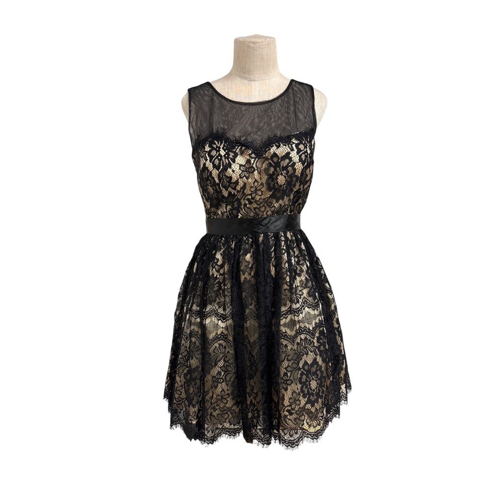 Vintage Formal Dress by Cindy U.S.A. Black & Gold Lace Overlay Formal Cocktail D